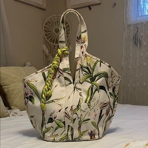 Vince Camuto Cream Canvas Tote with Green Botanical Print